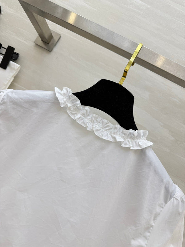 CD 26 Pure White Blouse with Ruffled Trim in Cotton 379288