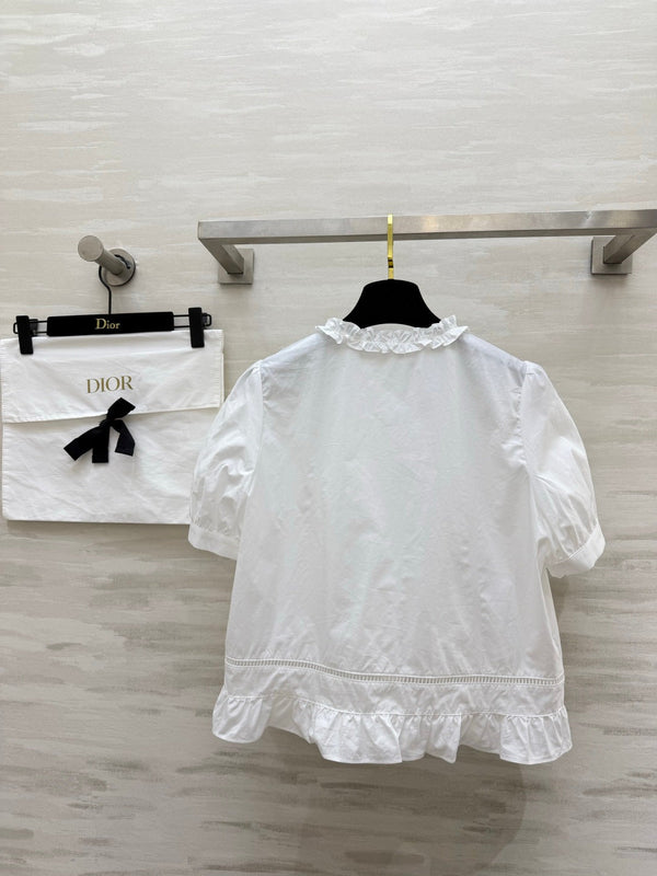 CD 26 Pure White Blouse with Ruffled Trim in Cotton 379288
