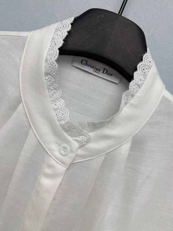 CD 26 Lace Stand Collar Shirt White in Cotton 379094