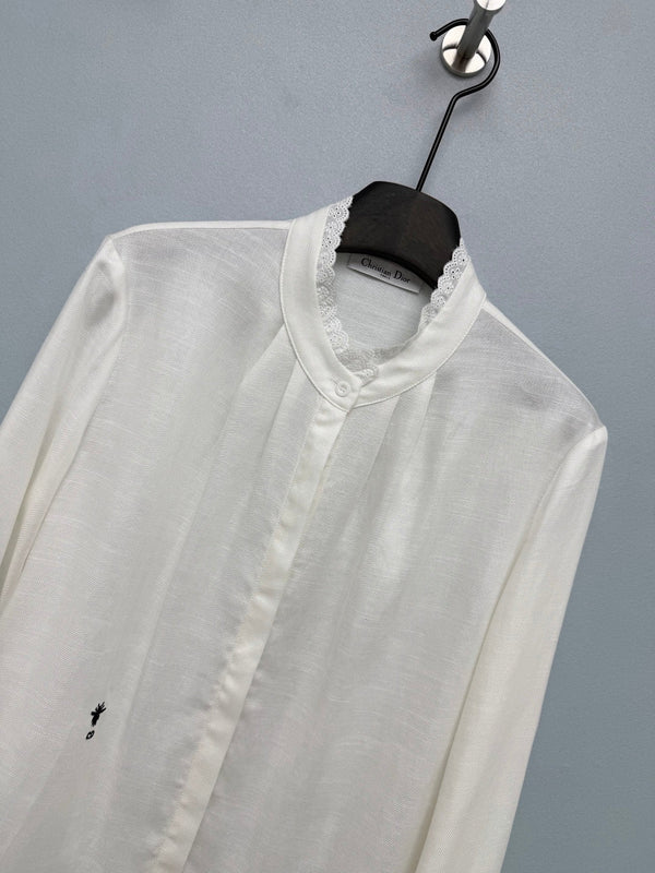 CD 26 Lace Stand Collar Shirt White in Cotton 379094