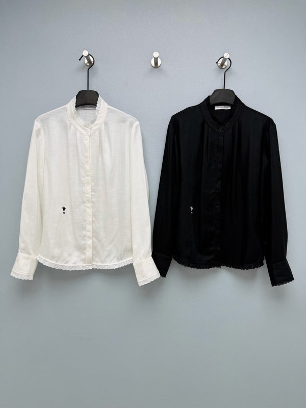 CD 26 Lace Stand Collar Shirt White in Cotton 379094