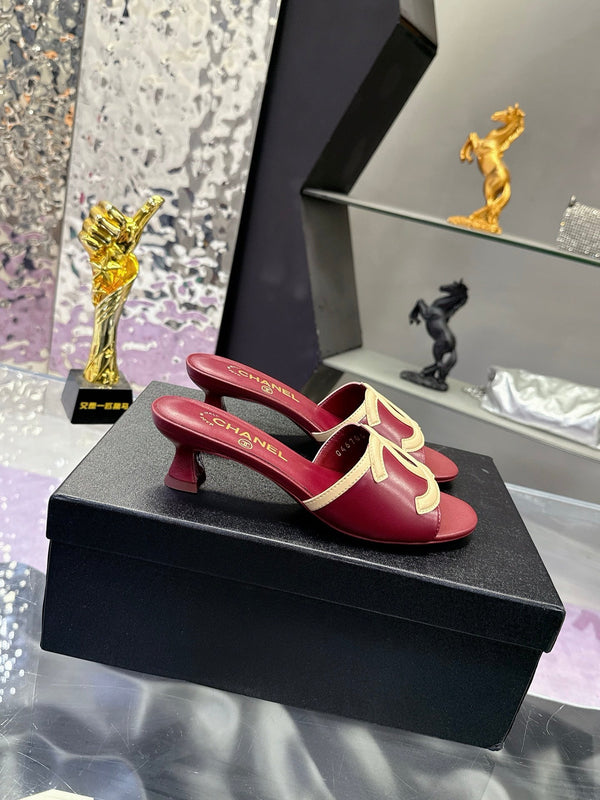 CC Double C Logo Kitten Heel 25mm Sandals Burgundy in Leather 757852