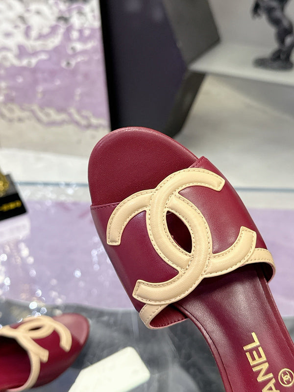 CC Double C Logo Kitten Heel 25mm Sandals Burgundy in Leather 757852