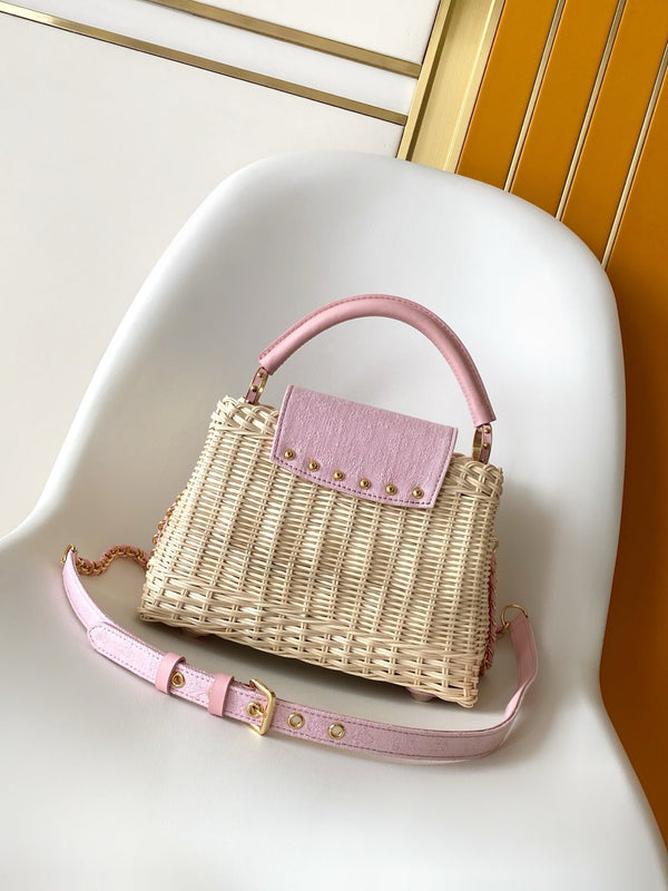 LV Capucines Mini Handbag Pink in Rattan and Cowhide leather 287165