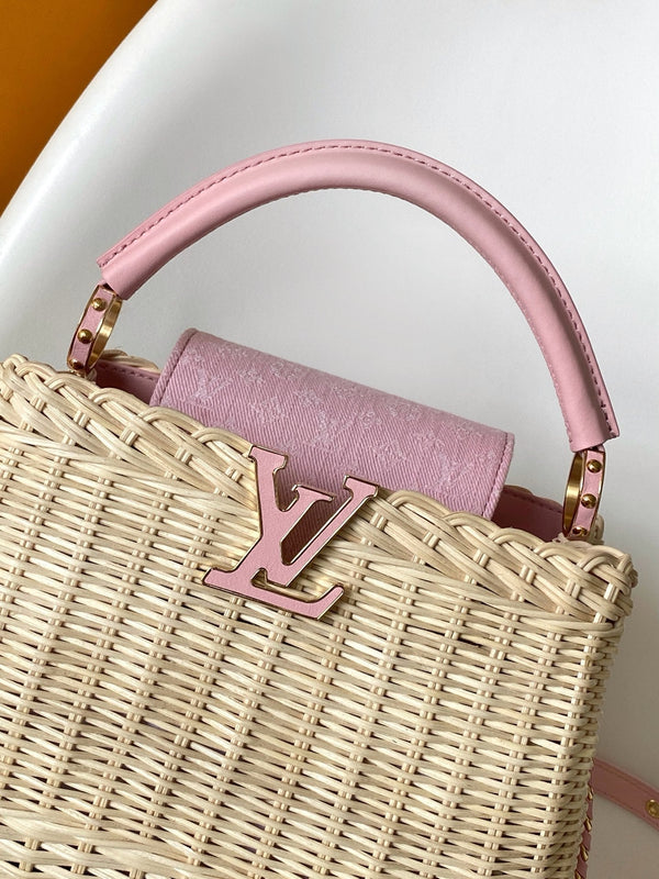 LV Capucines Mini Handbag Pink in Rattan and Cowhide leather 287165