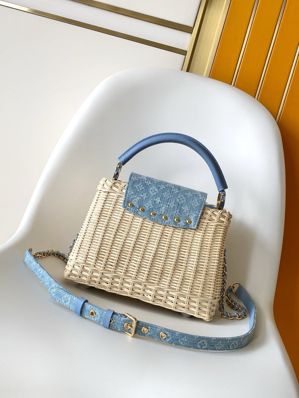 LV Capucines Mini Handbag Blue in Rattan and Cowhide leather 287162