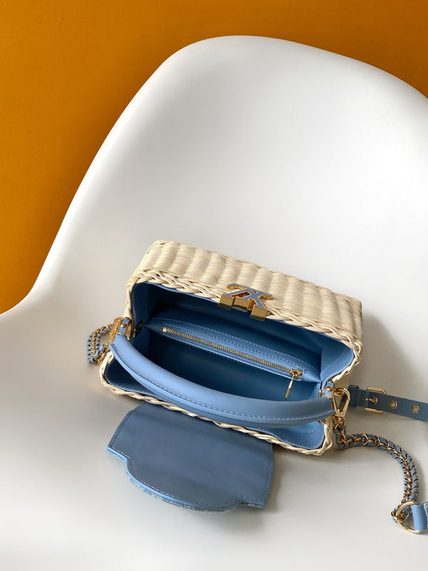 LV Capucines Mini Handbag Blue in Rattan and Cowhide leather 287162