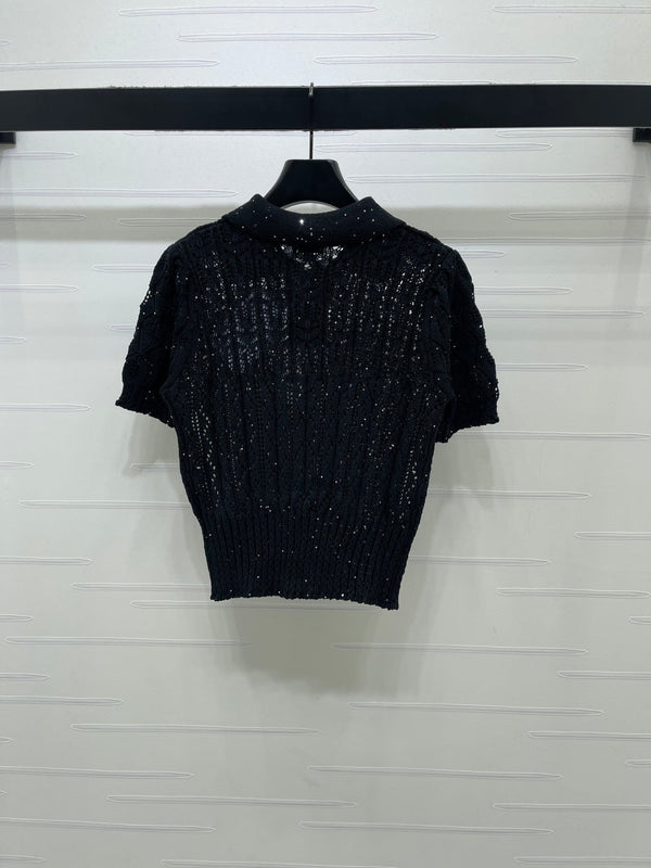 CC 26 Openwork Knit Short-Sleeve Top Black in Wool Knitwear 380813