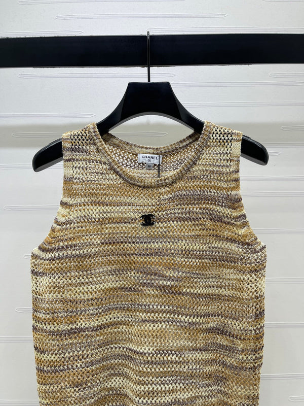 CC 26 Gradient Striped Hollow-Out Knit Vest Beige Gold in Nitrile Cotton