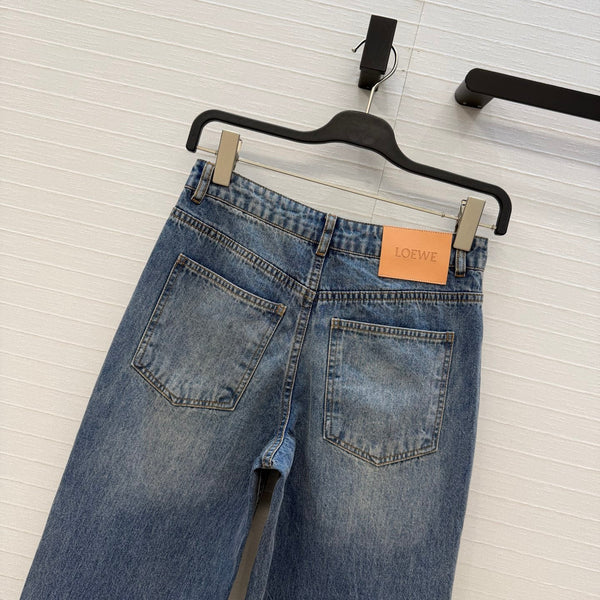 Loew Retro Washed Denim Cropped Blue Jeans in Cotton