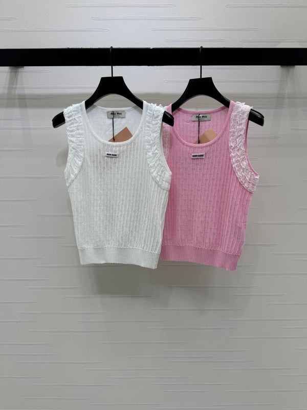 Miu 26 Lace-Neck Knit Vest White in Tencel 382104