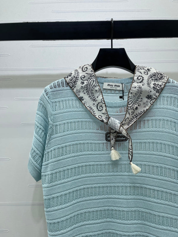 Miu 26 Crew Neck Knit Short-Sleeve T-Shirt with Scarf Design Blue in Wool