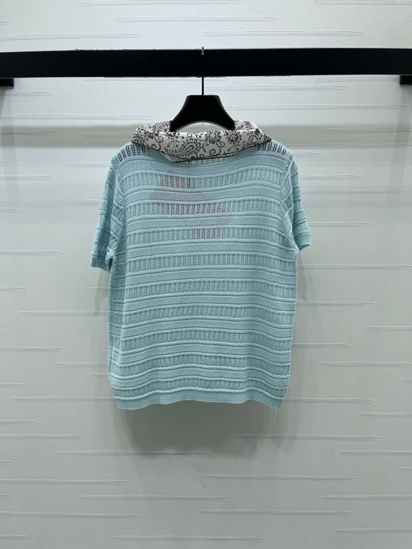 Miu 26 Crew Neck Knit Short-Sleeve T-Shirt with Scarf Design Blue in Wool