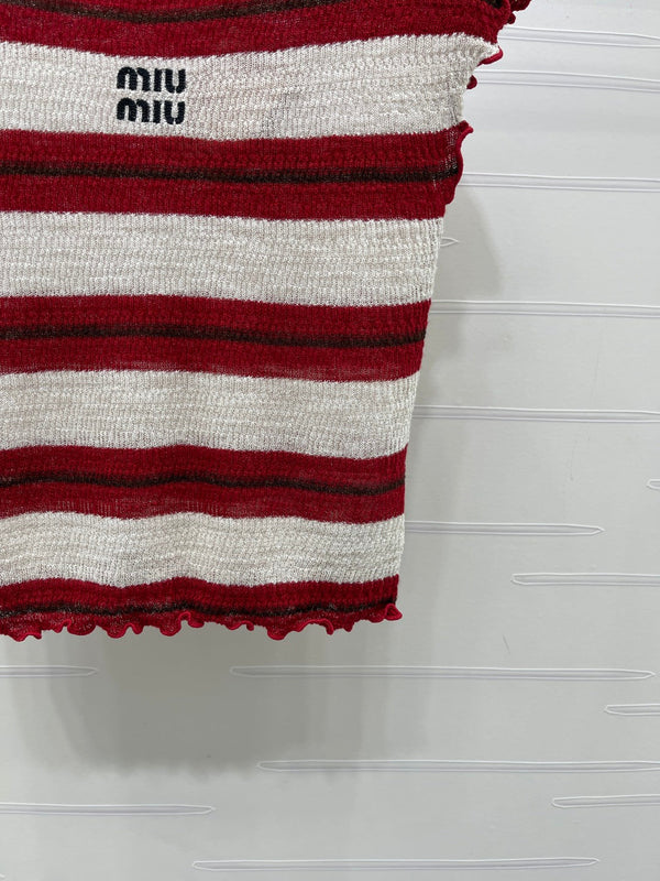 Miu 26 Color-blocked Striped Short-sleeved Top Red in Acrylic 380671