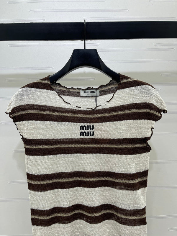 Miu 26 Color-blocked Striped Short-sleeved Top Brown in Acrylic 380670