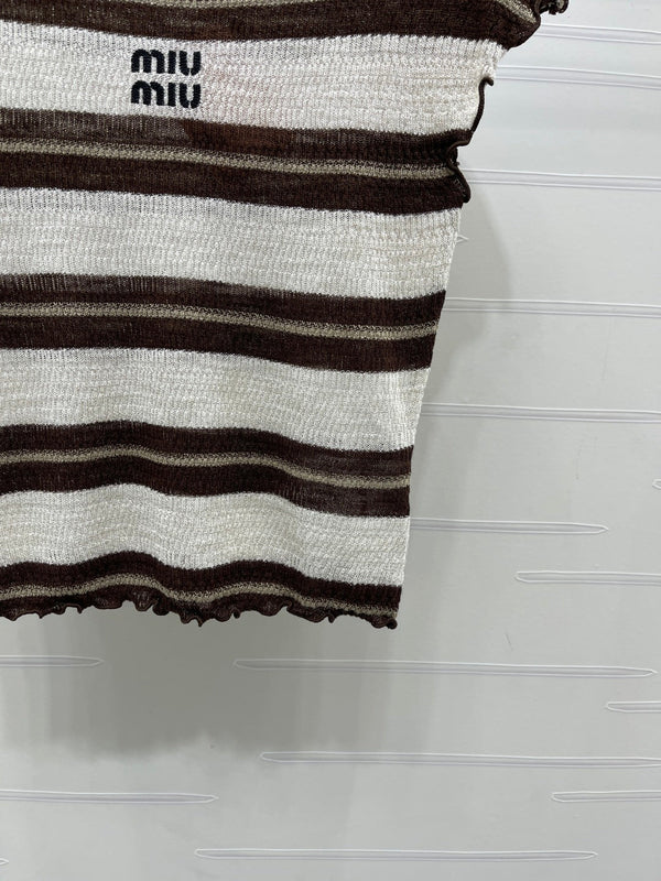 Miu 26 Color-blocked Striped Short-sleeved Top Brown in Acrylic 380670