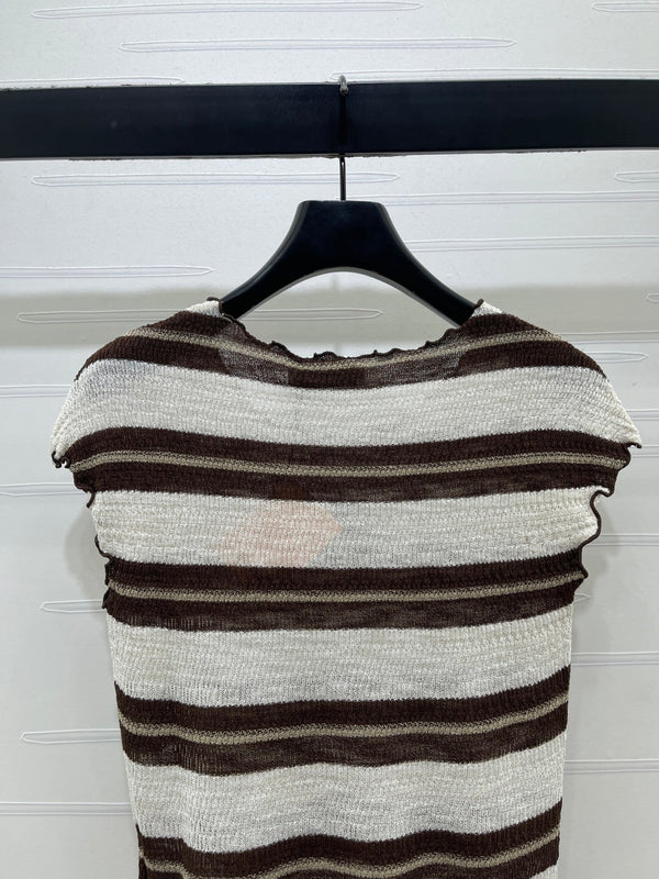 Miu 26 Color-blocked Striped Short-sleeved Top Brown in Acrylic 380670