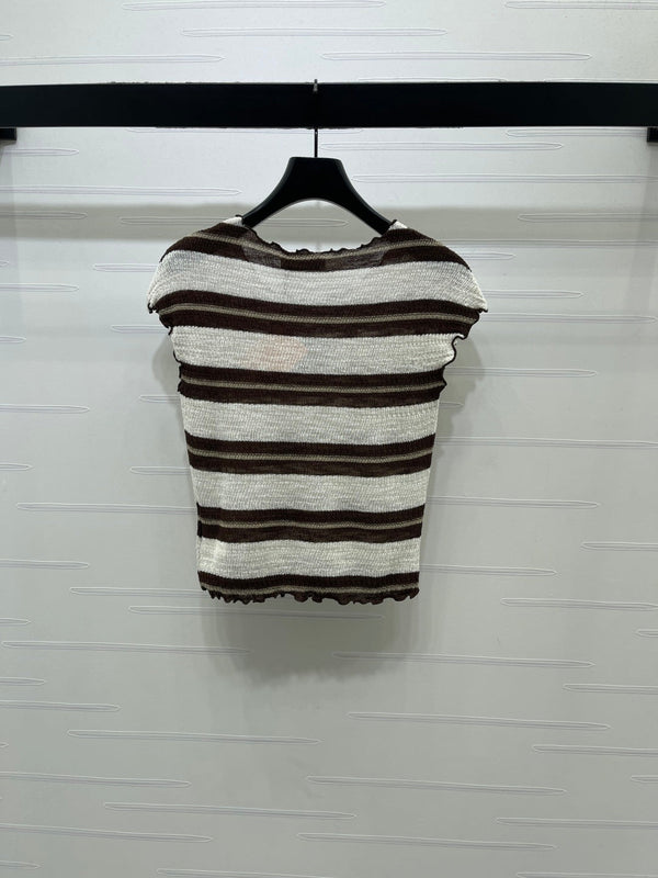 Miu 26 Color-blocked Striped Short-sleeved Top Brown in Acrylic 380670