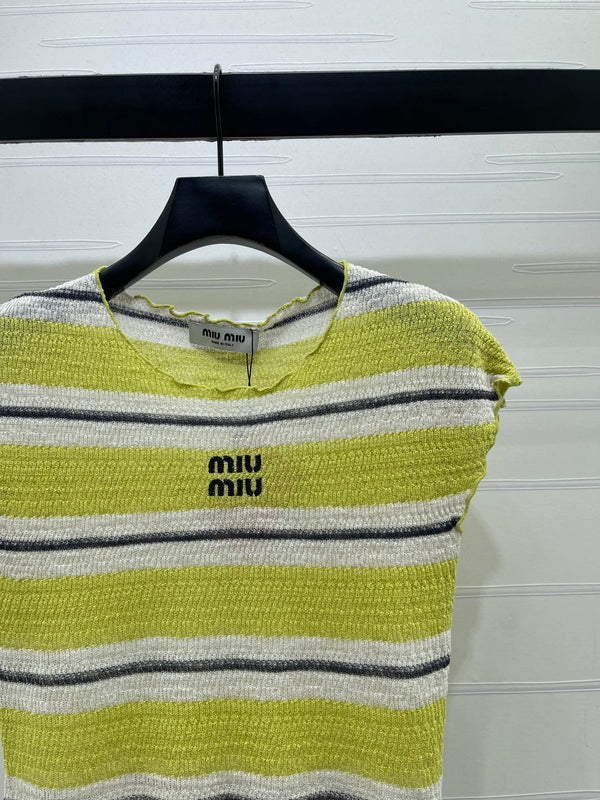 Miu 26 Color-blocked Striped Short-sleeved Top Green in Acrylic 380669