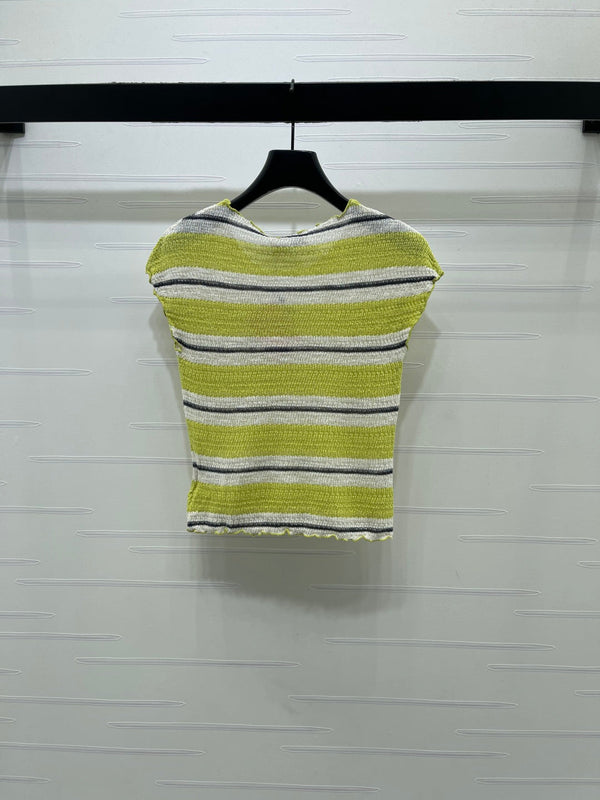 Miu 26 Color-blocked Striped Short-sleeved Top Green in Acrylic 380669