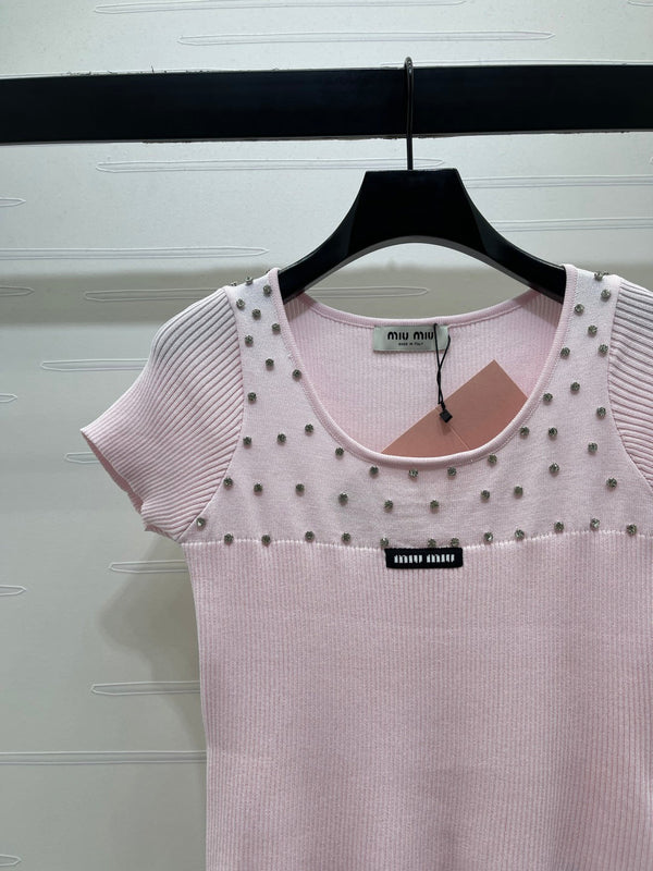 Miu 26 U-Neck Short-Sleeve Top Pink in Wool 375886