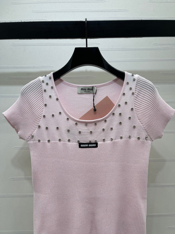 Miu 26 U-Neck Short-Sleeve Top Pink in Wool 375886