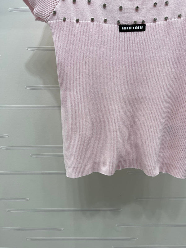 Miu 26 U-Neck Short-Sleeve Top Pink in Wool 375886
