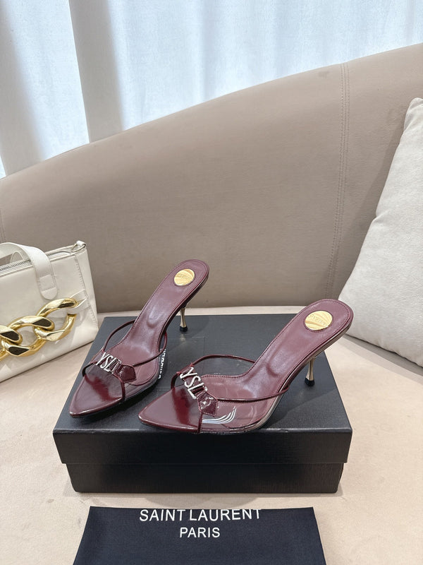 YSL High-heels 80mm Transparent Sandals Burgundy in Leather 771713