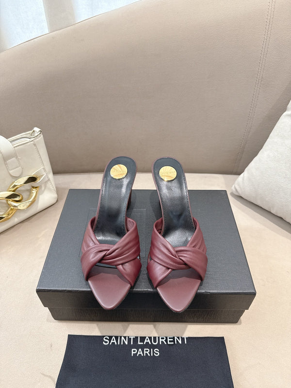 YSL Sandal Heel 75mm Burgundy in Lambskin 771709