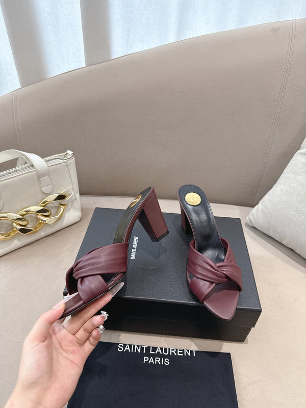 YSL Sandal Heel 75mm Burgundy in Lambskin 771709