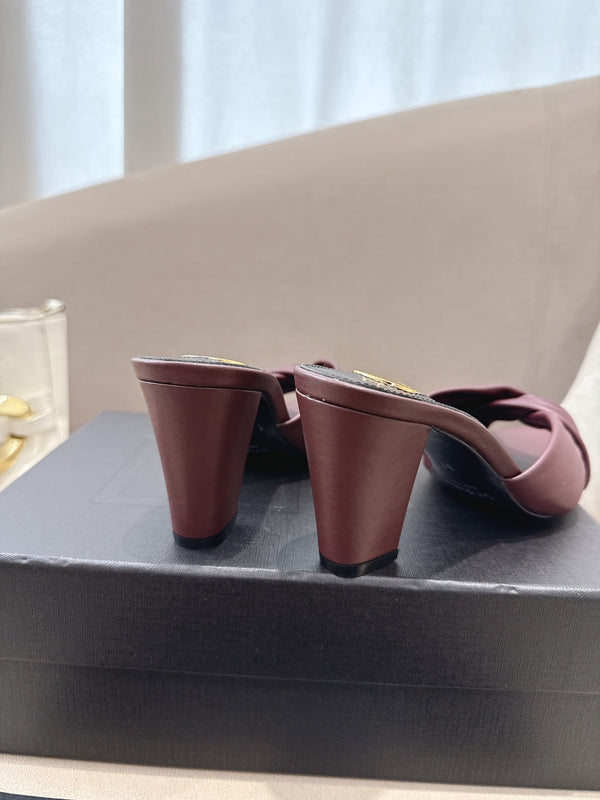 YSL Sandal Heel 75mm Burgundy in Lambskin 771709