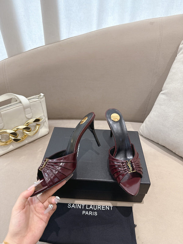 YSL Babylone Mules 90mm Burgundy in Supple Leather 771705