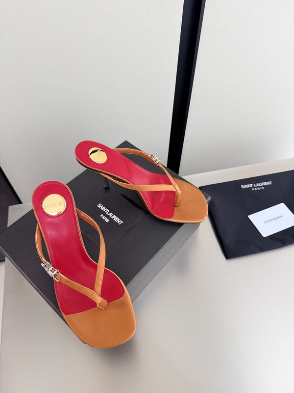 YSL Metal Heel 75mm with Side Rhinestone Buckle Logo Orange in Silk 784728