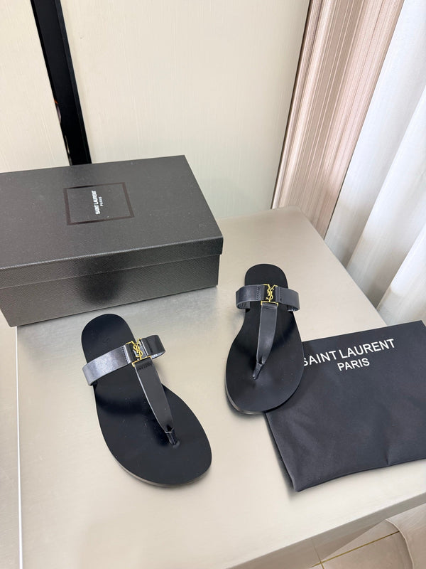YSL Flat Flip-flops Black in Cowhide 784708