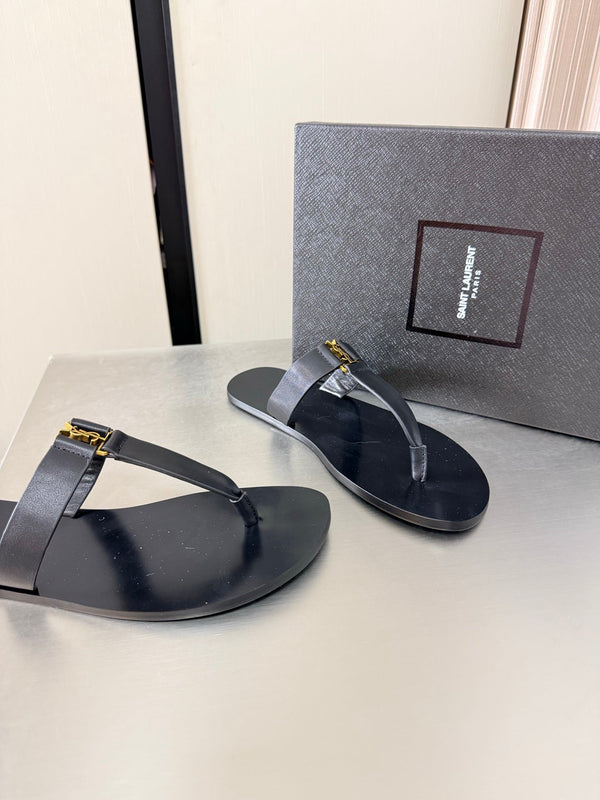 YSL Flat Flip-flops Black in Cowhide 784708