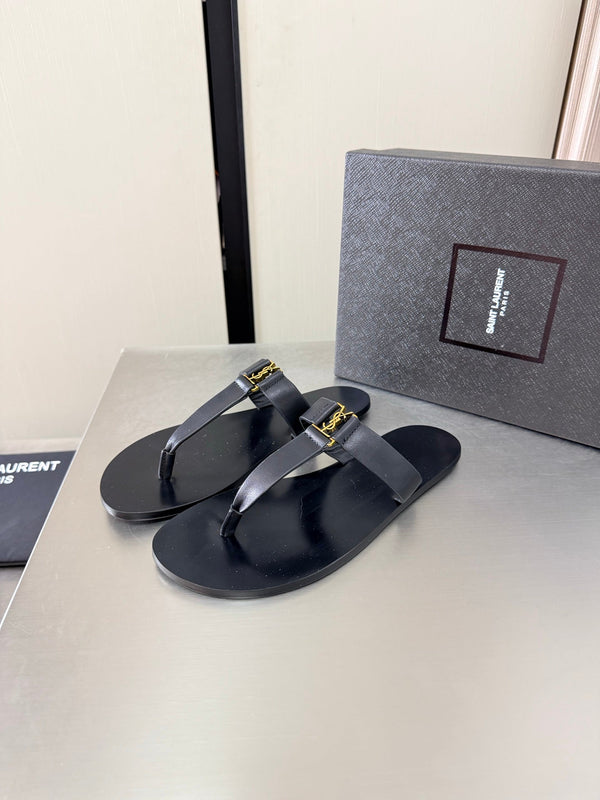 YSL Flat Flip-flops Black in Cowhide 784708