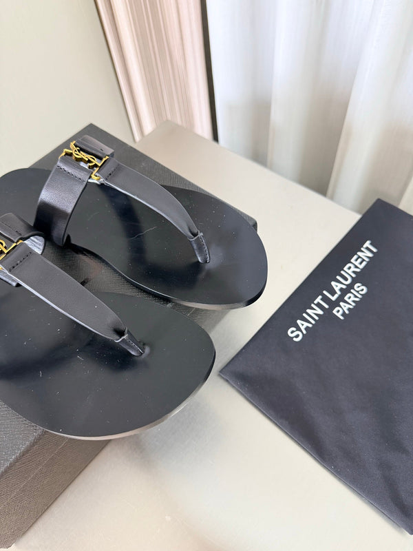 YSL Flat Flip-flops Black in Cowhide 784708