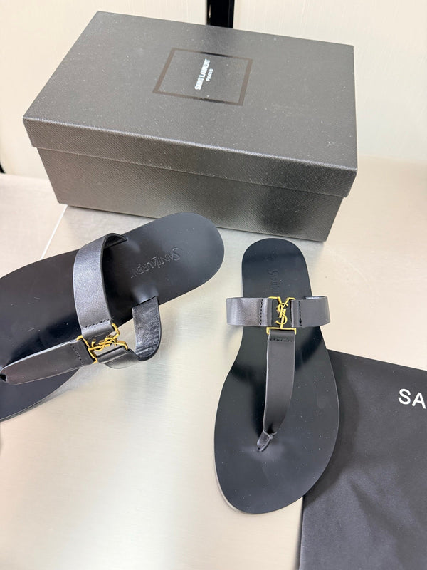 YSL Flat Flip-flops Black in Cowhide 784708
