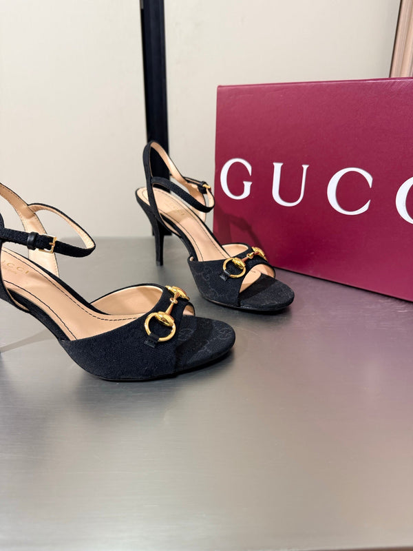 GG Buckle Stiletto Round Toe Heel Height 85mm Black in Monogram 784463
