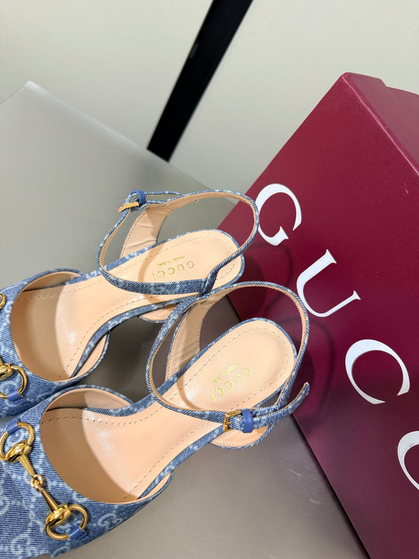 GG Buckle Stiletto Round Toe Heel Height 85mm Blue in Monogram 784461
