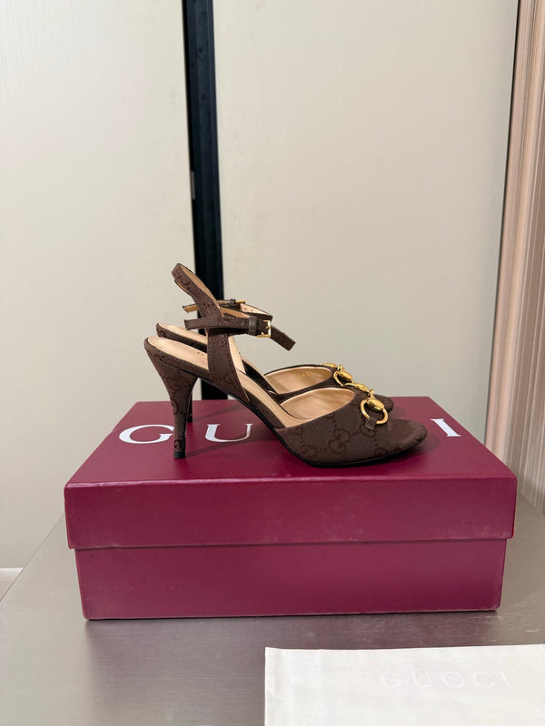 GG Buckle Stiletto Round Toe Heel Height 85mm Dark Brown in Monogram 784460