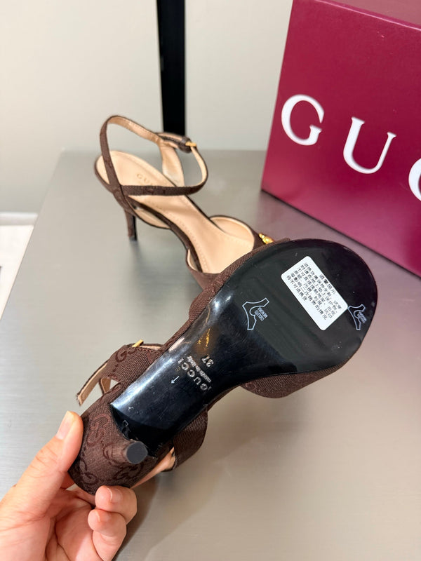 GG Buckle Stiletto Round Toe Heel Height 85mm Dark Brown in Monogram 784460