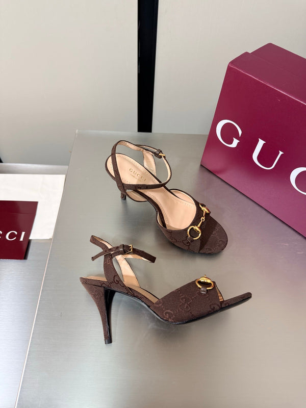 GG Buckle Stiletto Round Toe Heel Height 85mm Dark Brown in Monogram 784460