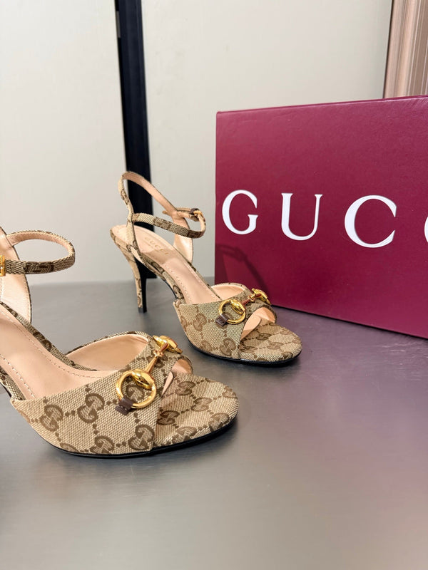 GG Buckle Stiletto Round Toe Heel Height 85mm Beige Brown in Monogram 784459