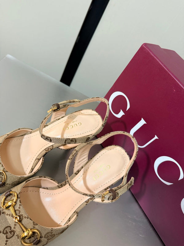 GG Buckle Stiletto Round Toe Heel Height 85mm Beige Brown in Monogram 784459