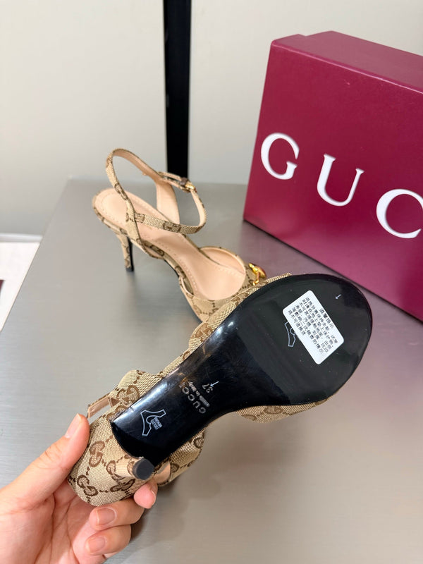 GG Buckle Stiletto Round Toe Heel Height 85mm Beige Brown in Monogram 784459