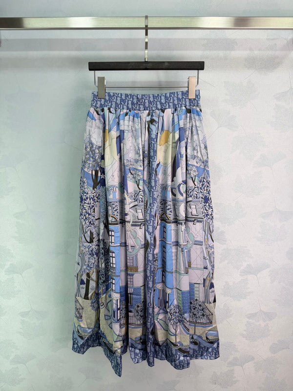CD 26 Printed Elastic Waist Midi Skirt Blue in Polyester