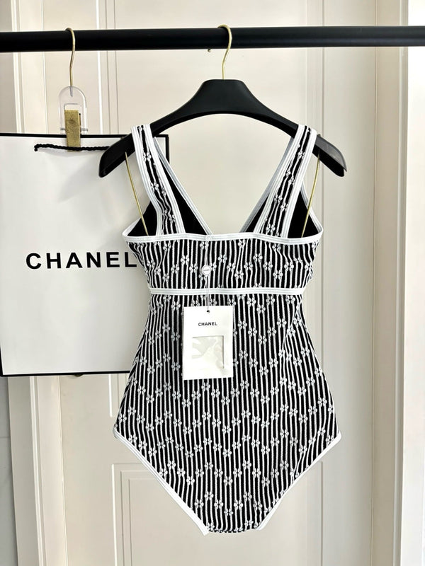 CC Striped Floral One-Piece Swimsuit in Black White 289861