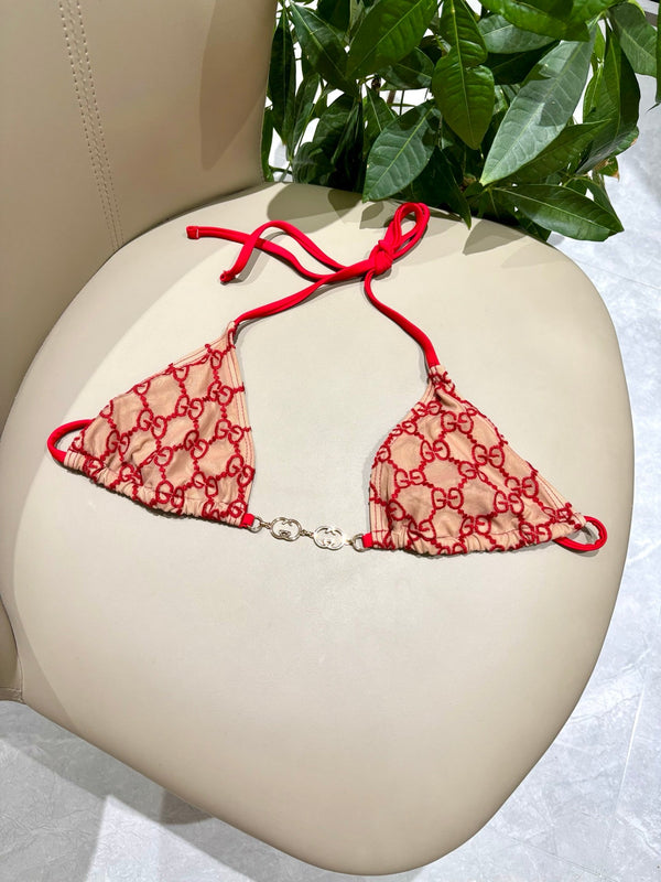 GG Beige Bikini Featuring Red Embroidered with Gold Chain Detail in Polyamide 241844