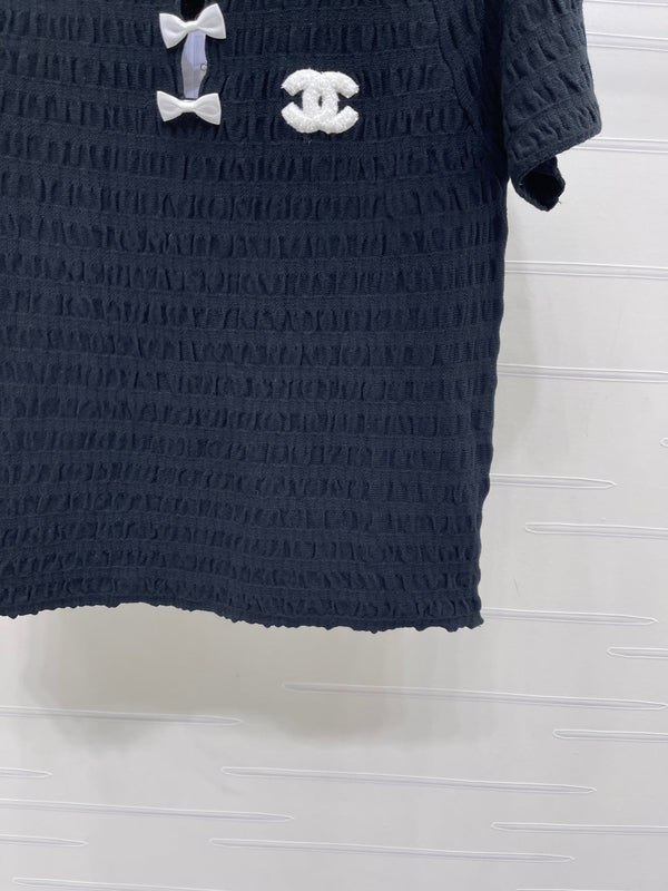 CC Bow-Tie Round Neck Knit Short-Sleeve Dress Set Navy Blue in Viscose 387004